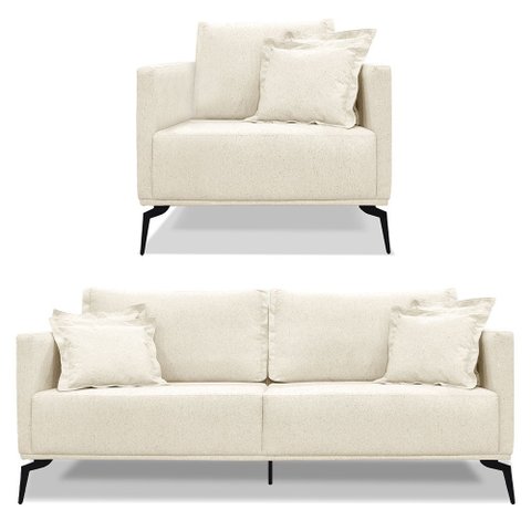 Kit Poltrona e Sofá Living 2 Lugares 1,80m Sirius Linho Pés Metálicos - Pallazio Natural