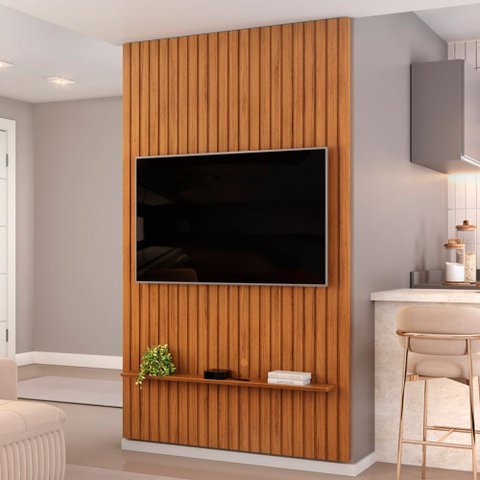 Painel Ripado para TV 60 pol Sala Quarto 143x240cm Lexa D05 Freijó - Lyam Decor