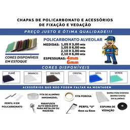 Chapa Policarbonato Alveolar 1,05x6,00 4milimetros várias cores:Azul - 2