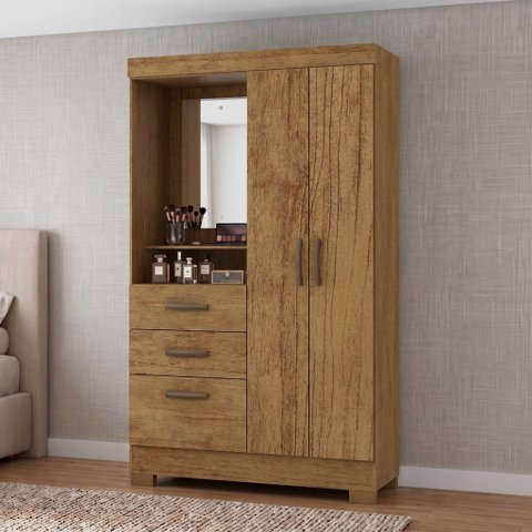 Guarda-Roupa Solteiro Capelinha com Espelho 2 Portas, 2 Gavetas e Pés Venerabile Marrom/Cinamomo