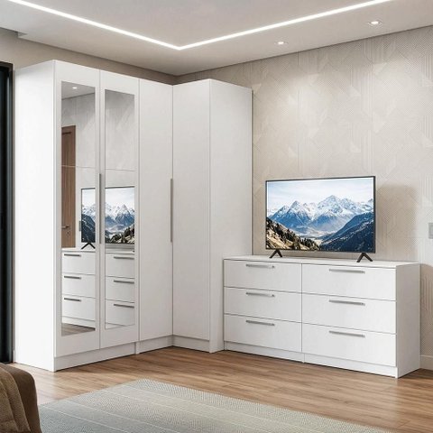 Conjunto Quarto com 2 Guarda-Roupas com Espelhos Neo 1 Cômoda/Móvel para TV Branco Madesa