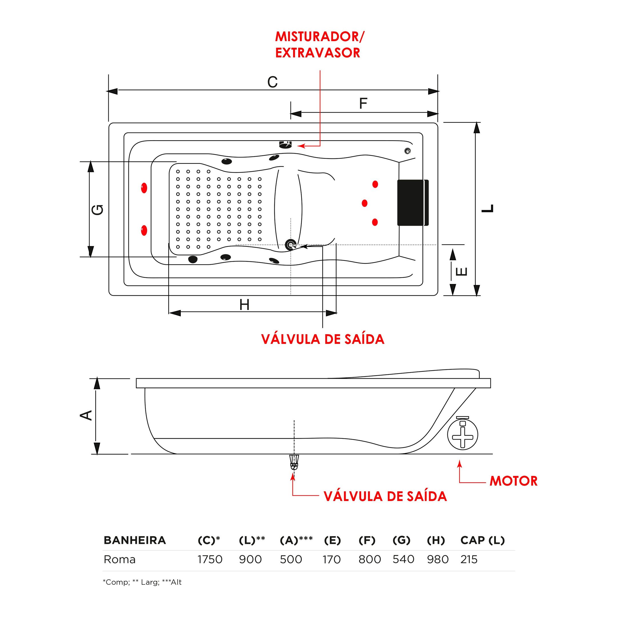 Banheira de Hidromassagem   Roma Elegance 175cmx90cmx50cm em Gel Coat- 220V Mondialle - 4