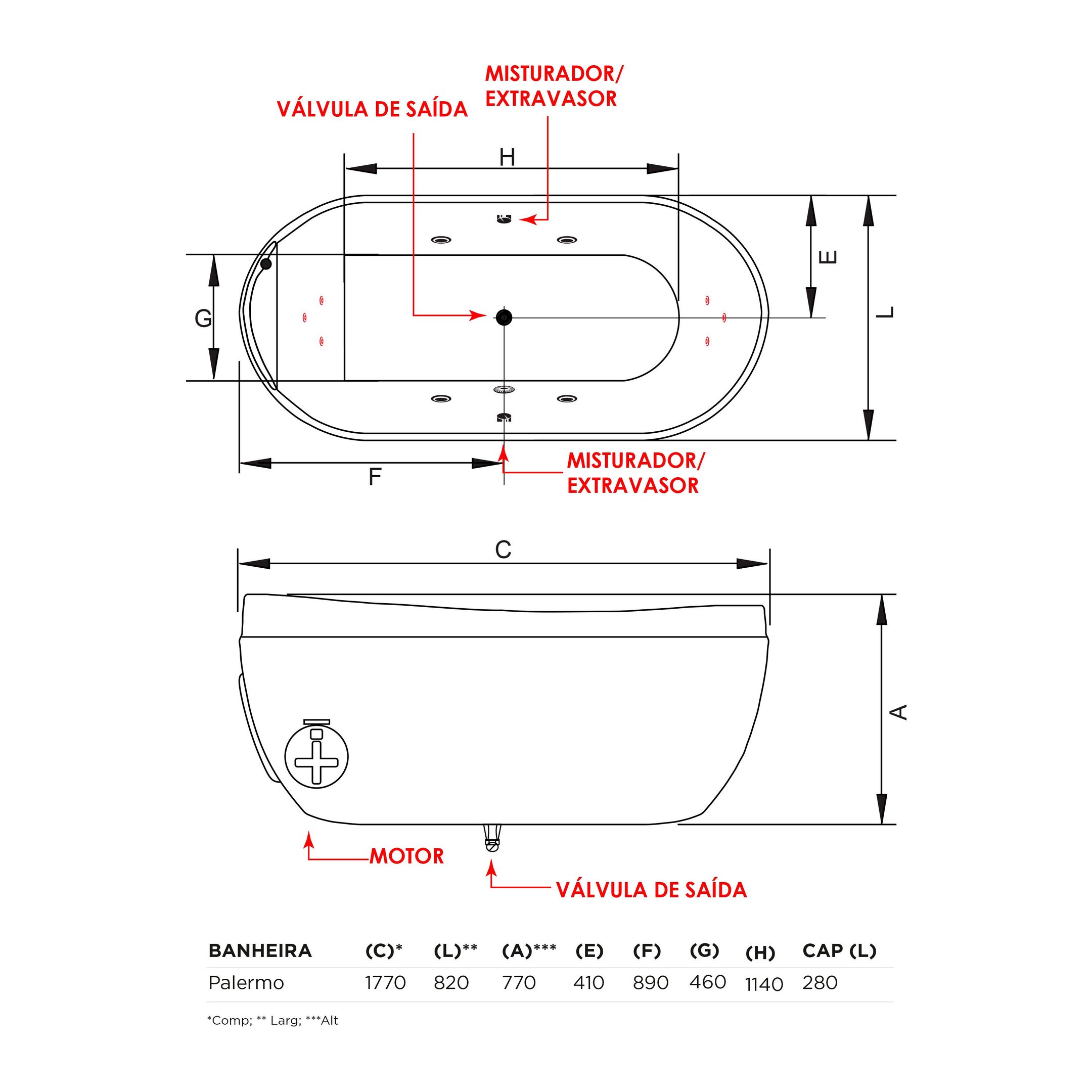 Banheira de Hidromassagem   Palermo Elegance 177cmx82cmx77cm em Acrílico- 220V Mondialle - 3