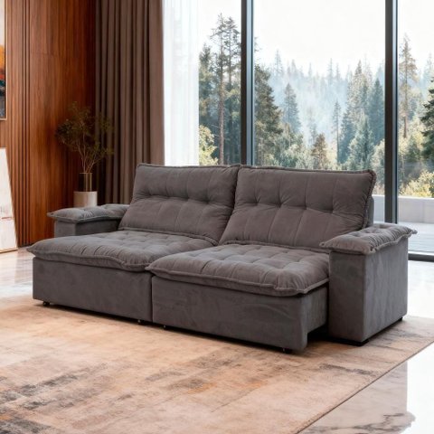 Sofá Eco BP Chumbo Veludo Luxo 3 Lugares Retrátil e Reclinável 230cm Cinza