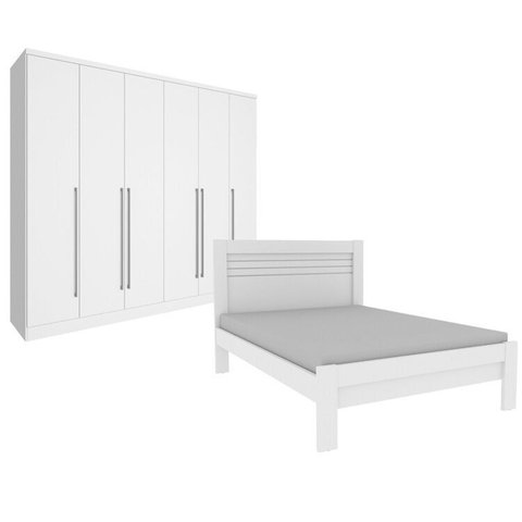 Quarto de Casal Guarda-Roupa 6 Portas Portugal e Cama Casal Safira Espresso Móveis Branco/Neve