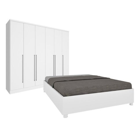 Quarto de Casal Guarda-Roupa 6 Portas Portugal e Cama Box Casal Queen Monaco Espresso Móveis Branco/Neve