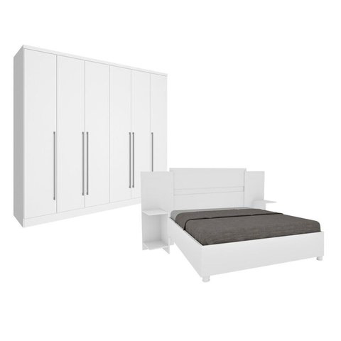 Quarto de Casal Guarda-Roupa 6 Portas Portugal e Cama Box Casal Monaco com Painel Espresso Móveis Branco/Neve