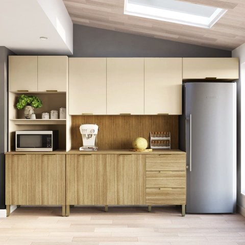Cozinha Completa Modulada 5 Peças 10 Portas 3 Gavetas com Tampo e Painel Ripado Central Glam Bege/Freijó/Vanilla/Cp