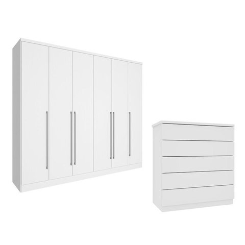 Guarda-Roupa 6 Portas Portugal e Cômoda 5 Gavetas Florença Espresso Móveis Branco/Neve