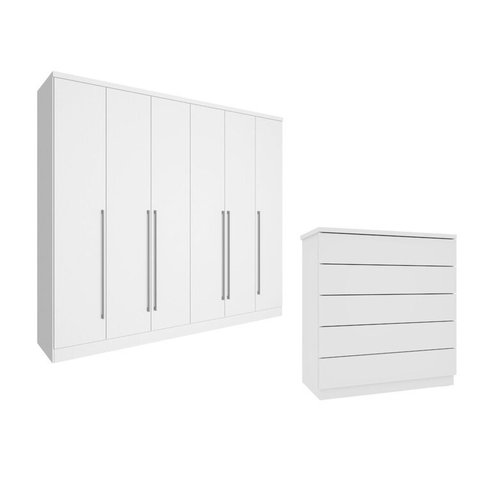 Guarda-Roupa 6 Portas Portugal e Cômoda 5 Gavetas Florença Espresso Móveis Branco/Neve