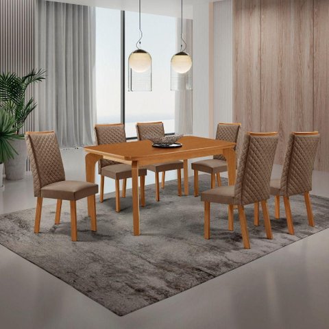 Mesa de Jantar Liz 6 Lugares MDF Cadeiras Lira Veludo Capuccino 180cm Moderna