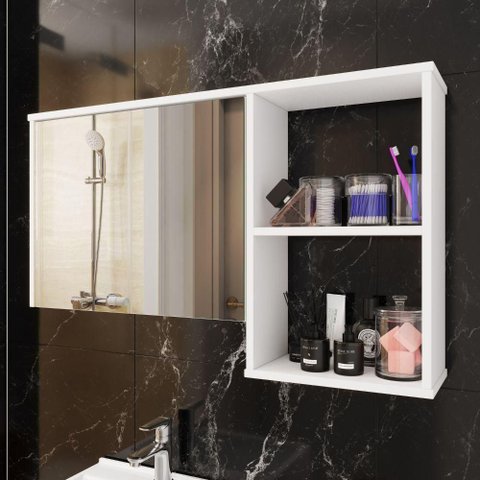 Espelheira para Banheiro Lotus 1 Porta 1 Prateleira MDP com Espelho 80cm Branca Movelove