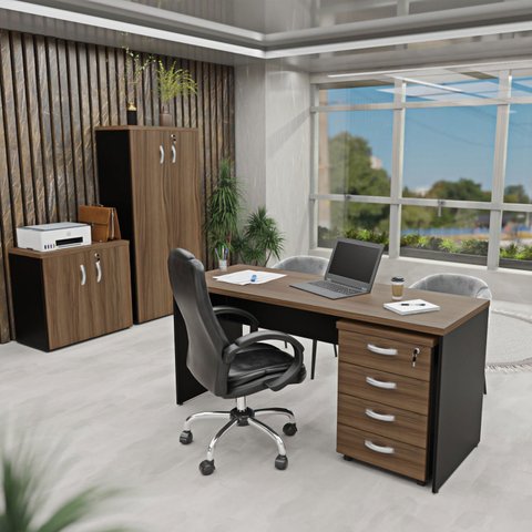 Conjunto 4 Peças com Mesa para Escritório, Gaveteiro e 2 Armários Nogal Preto