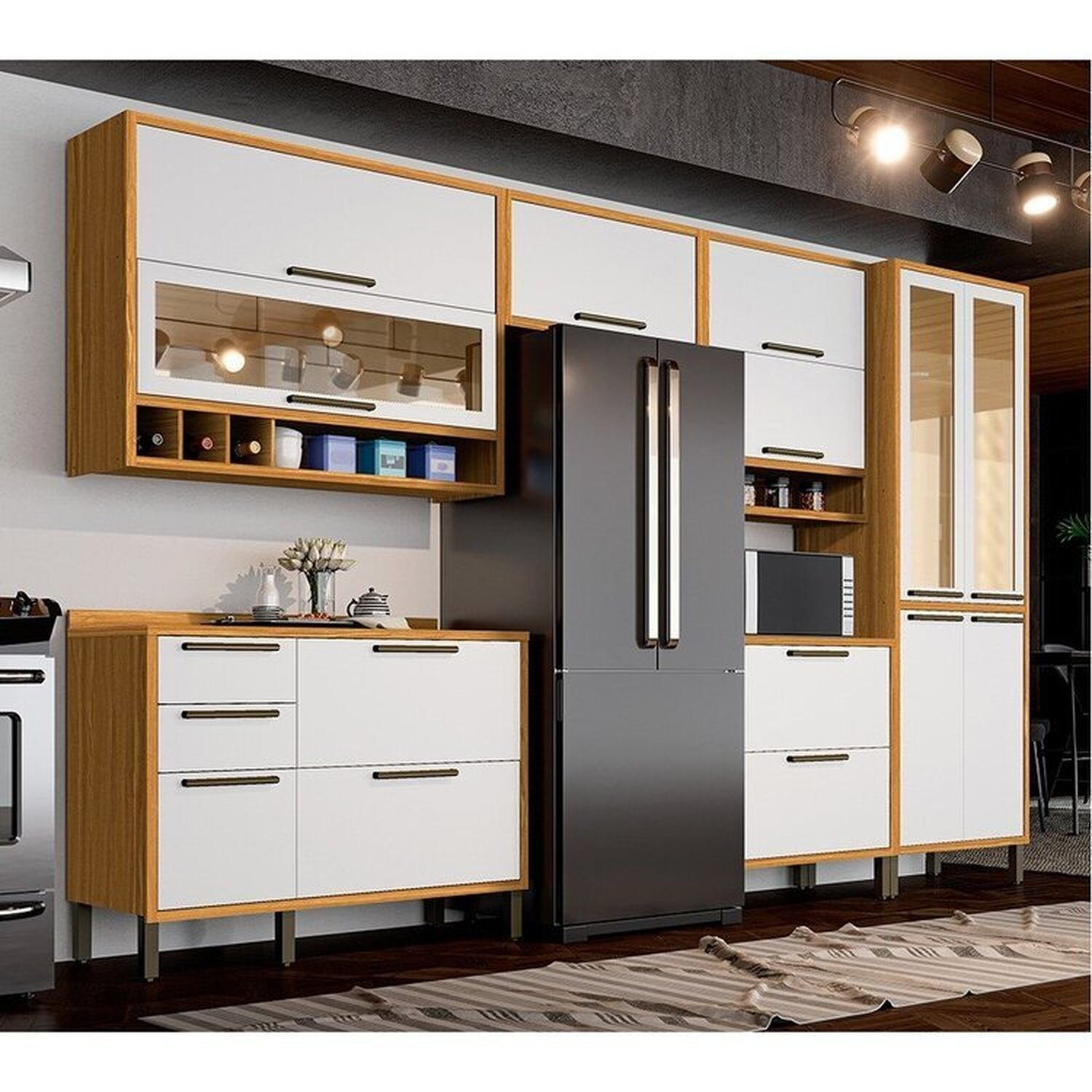 Cozinha Modulada Completa 6 Peças 12 Portas e Vidro Reflecta 100% Mdf Vicenza Espresso Móveis - 1