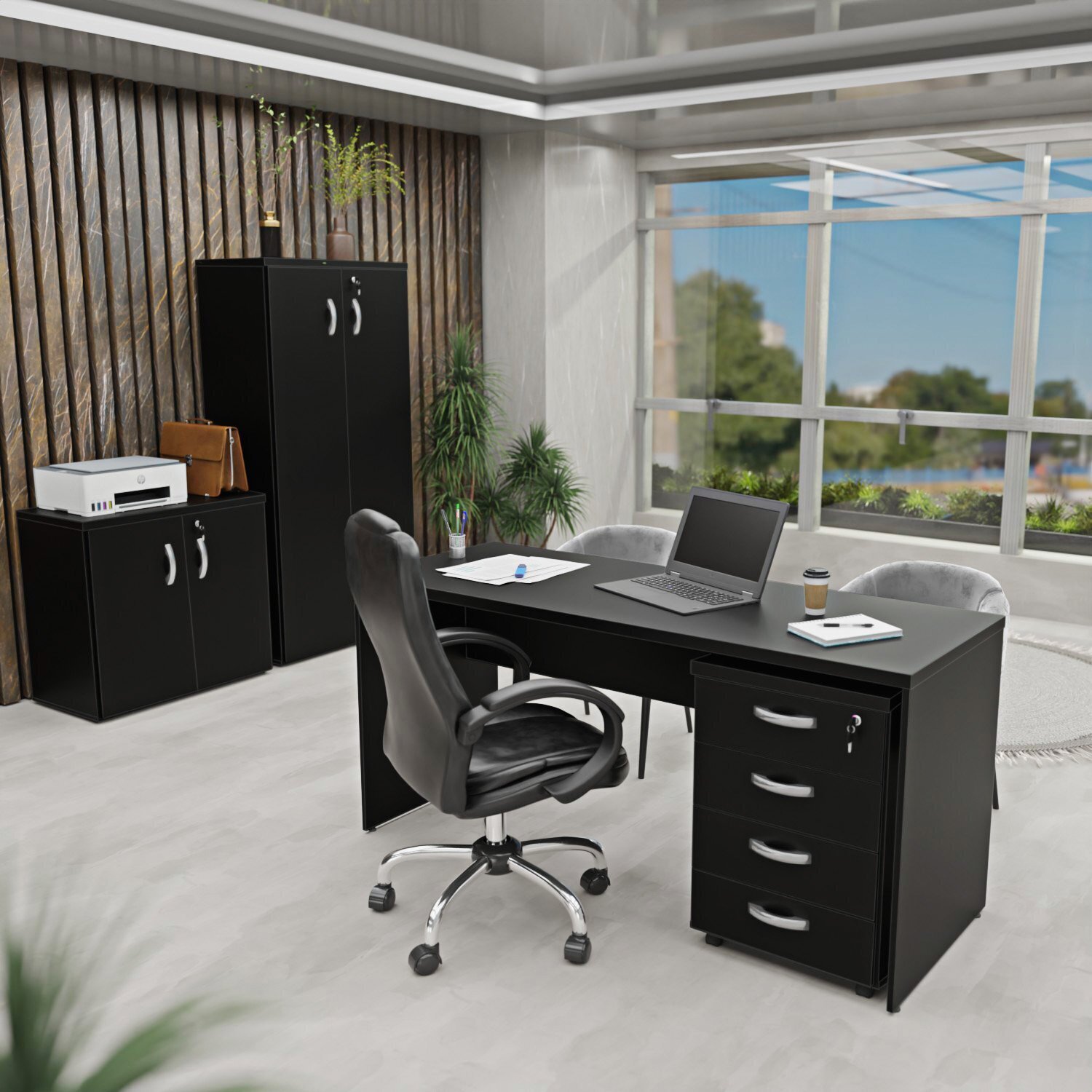 Kit 4 Peças com Mesa para Escritório, Gaveteiro e 2 Armários