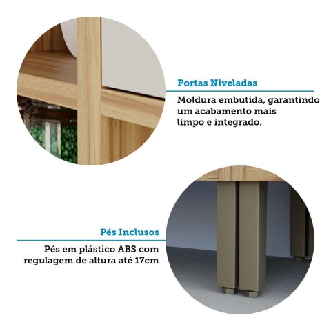 Cozinha Compacta Modulada 100% MDF 4 Peças 9 Portas 3 Gavetas e Vidro 274cm Vicenza Espresso Móveis Bege/Amêndoa/Off White