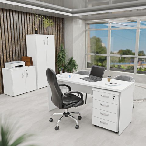 Conjunto 4 Peças com Mesa para Escritório, Gaveteiro e 2 Armários Branco