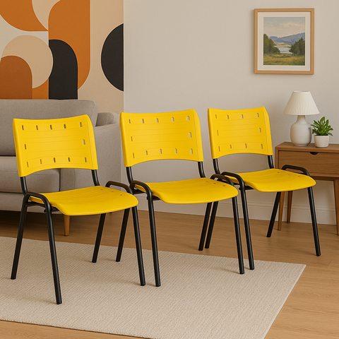 Kit 3 Cadeiras Iso Fixa Empilhável Escola Igreja Salão:amarelo