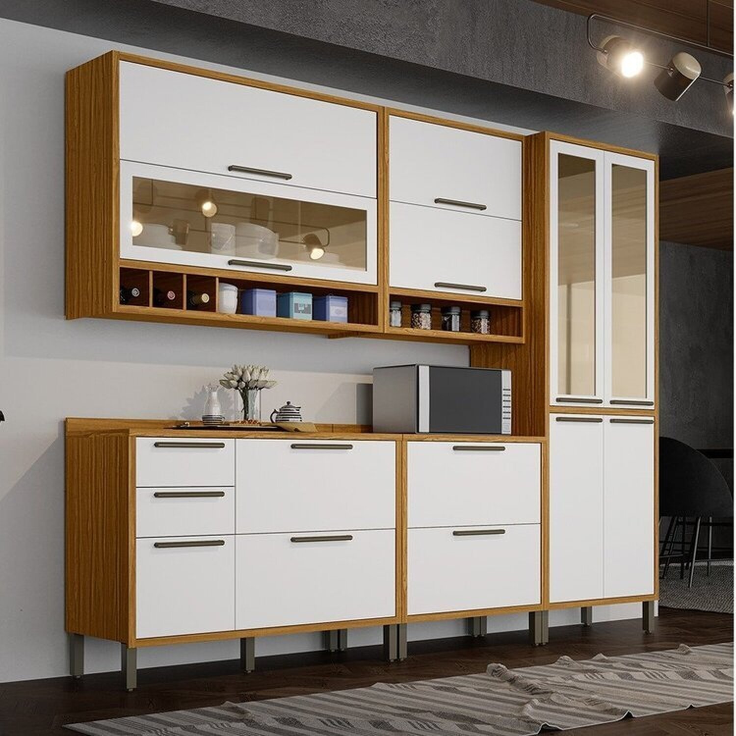 Cozinha Modulada Completa com 5 Peças 11 Portas e Vidro Reflecta 100% Mdf Vicenza Espresso Móveis - 1