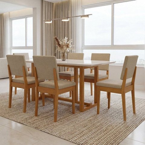 Conjunto Sala de Jantar Madeira Maciça 6 Cadeiras Tampo de Vidro Filadélfia Natural Cerejeira/Palha