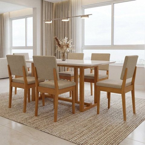 Conjunto Sala de Jantar 6 Cadeiras Tampo de Vidro Filadélfia Natural Cerejeira/Palha