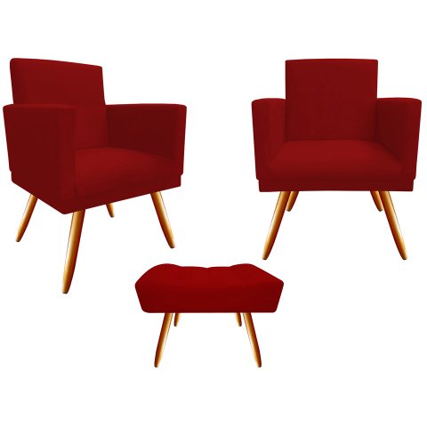 Kit 2 Poltronas Decorativa Bia + Puff Retangular Suede Vermelho Pés Madeira Ms Decor