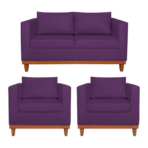 Kit Sofá 3 Lugares e 2 Poltronas Europa 180 cm Estilo Conforto e Elegância Suede Roxo - Amarena