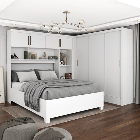 Guarda-Roupa Casal Modulado 4 Portas com Cama Santiago 3 Portas 5 Gavetas Branco