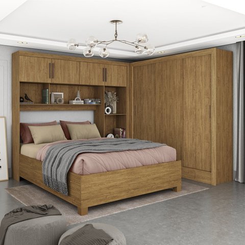 Guarda-Roupa Casal Modulado 4 Portas com Cama Santiago 3 Portas 5 Gavetas Marrom/Cinamomo
