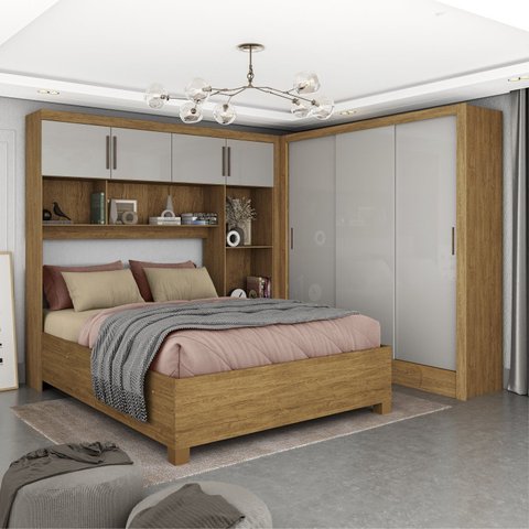 Guarda-Roupa Casal Modulado 4 Portas com Cama Santiago 3 Portas 5 Gavetas Bege/Cinamomo/Off White