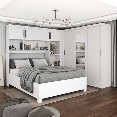 Guarda-Roupa Casal Modulado 4 Portas com Cama Santiago 3 Portas com Espelho 5 Gavetas Branco