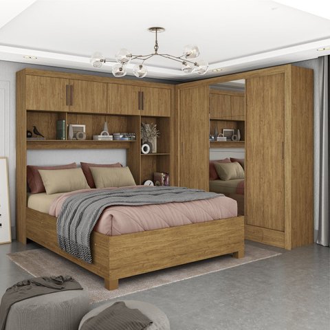 Guarda-Roupa Casal Modulado 4 Portas com Cama Santiago 3 Portas Plus 5 Gavetas com Espelho Marrom/Cinamomo