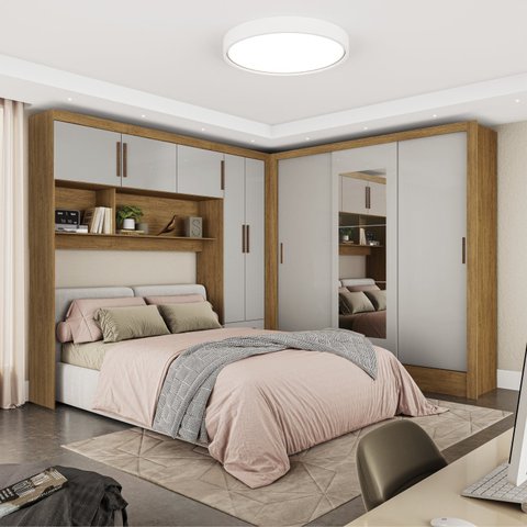 Guarda-Roupa Casal Modulado 5 Portas Santiago 3 Portas com Espelho 5 Gavetas Bege/Cinamomo/Off White