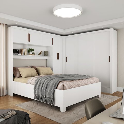 Guarda-Roupa Casal Modulado 5 Portas com Cama Santiago 3 Portas 5 Gavetas Branco