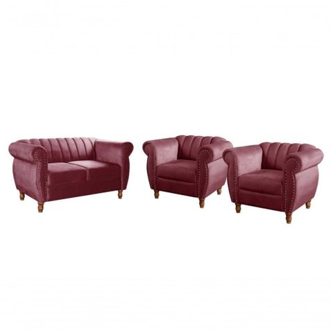 Sofá Realeza 4 Lugares Fixo 2+1+1 110cm Bordô Suede Estrutura Madeira Bella Decor