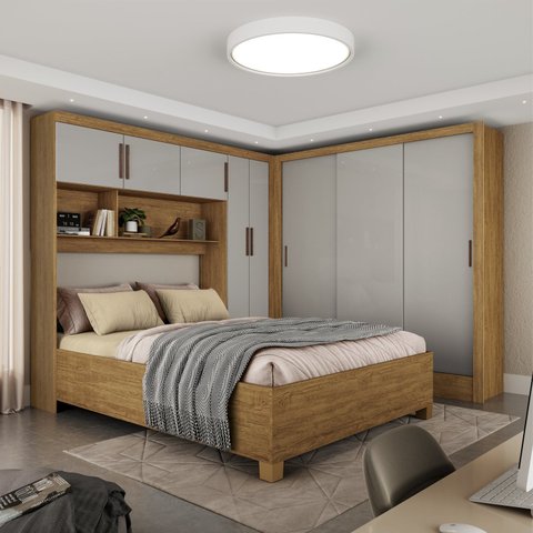 Guarda-Roupa Casal Modulado 5 Portas com Cama Santiago 3 Portas 5 Gavetas Bege/Cinamomo/Off White