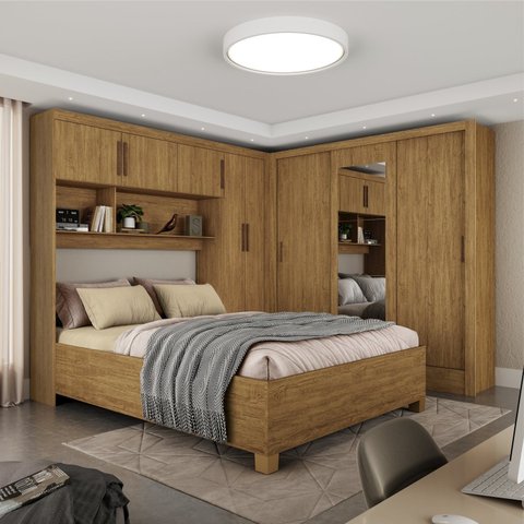 Guarda-Roupa Casal Modulado 5 Portas com Cama Santiago 3 Portas com Espelho 5 Gavetas Marrom/Cinamomo
