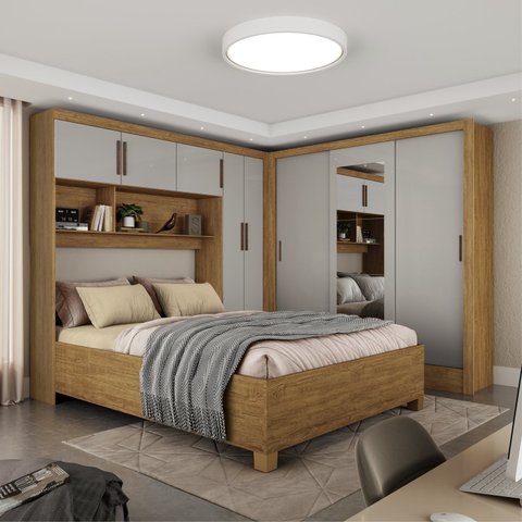 Guarda-Roupa Casal Modulado 5 Portas com Cama Santiago 3 Portas com Espelho 5 Gavetas Bege/Cinamomo/Off White