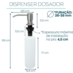 Kit Dispenser Dosador Detergente 500ml de Embutir E Valvula Americana 3 1/2 Ralo Para Pia Cozinha - 5