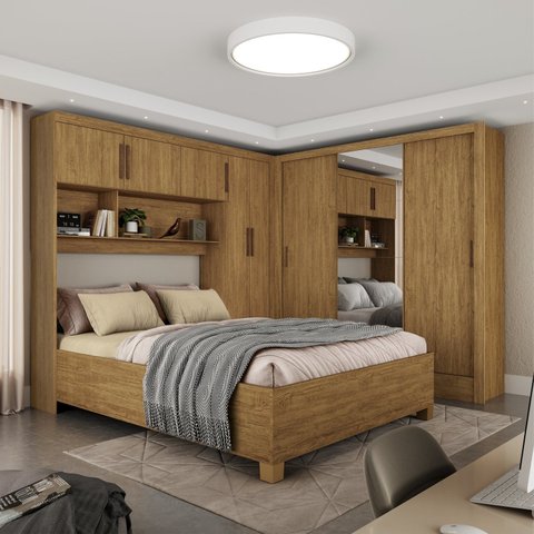 Guarda-Roupa Casal Modulado 5 Portas com Cama Santiago 3 Portas Plus 5 Gavetas com Espelho Marrom/Cinamomo