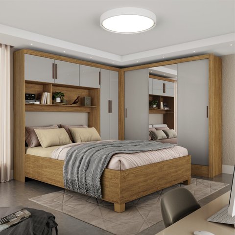 Guarda-Roupa Casal Modulado 5 Portas com Cama Santiago 3 Portas Plus 5 Gavetas com Espelho Bege/Cinamomo/Off White