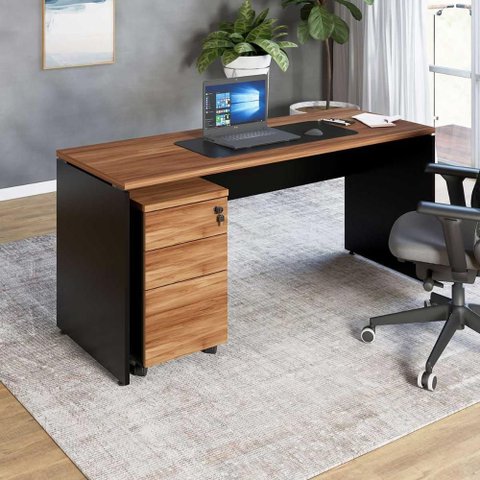 Escrivaninha 180cm X 70cm Pé Painel Gaveteiro 3 Gavetas F5 Cor:nogal com Preto