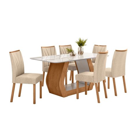 Conjunto Sala de Jantar Mesa Laini 160 Tampo Vidro Off White com 6 Cadeiras Téssera - Lopas Amendoa