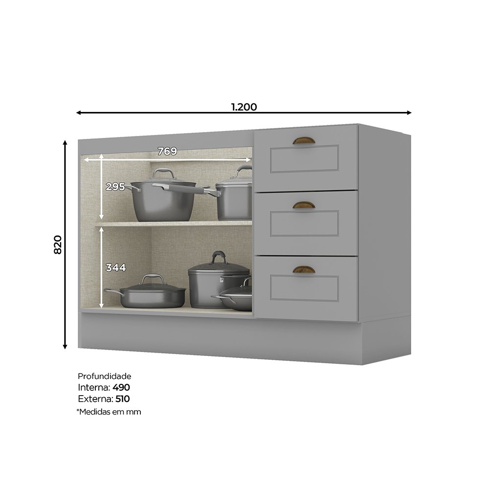 Balcão De Cozinha 120cm 2 Portas 3 Gavetas Henn Americana Cinza HP - 2