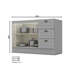Balcão de Cozinha 120cm 2 Portas 3 Gavetas Henn Americana Cinza Hp - 2
