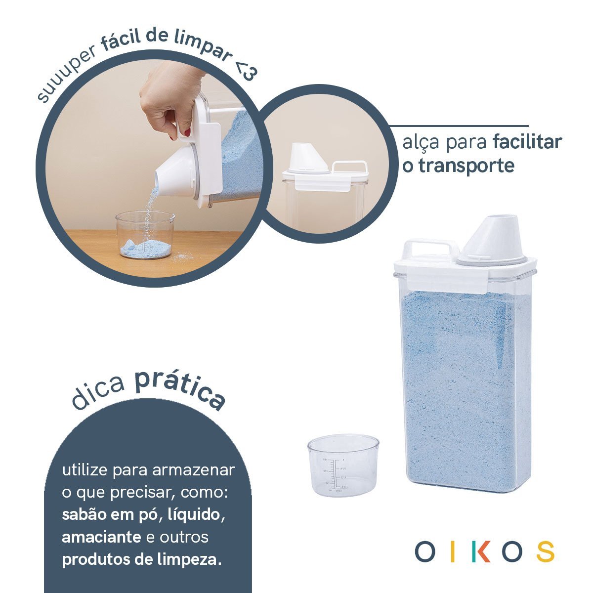 Porta Sabão em Pó 2,3l Transparente com Copo Dosador e Trava - Oikos - 4