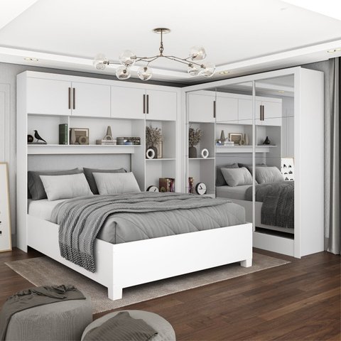 Guarda-Roupa Casal Modulado 4 Portas com Cama Santiago 3 Portas Premium 5 Gaveta com Espelho Branco