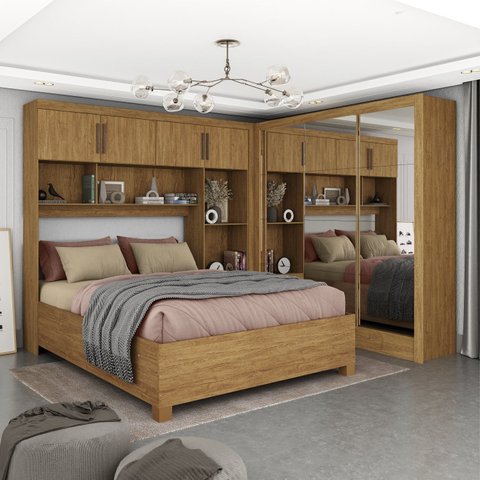 Guarda-Roupa Casal Modulado 4 Portas com Cama Santiago 3 Portas Premium 5 Gaveta com Espelho Marrom/