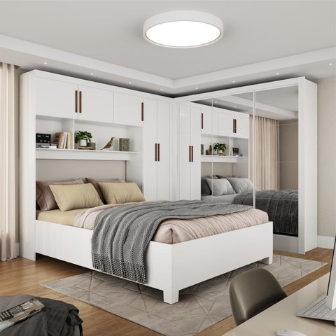 Guarda-Roupa Casal Modulado 5 Portas com Cama Santiago 3 Portas Premium 5 Gaveta com Espelho Branco