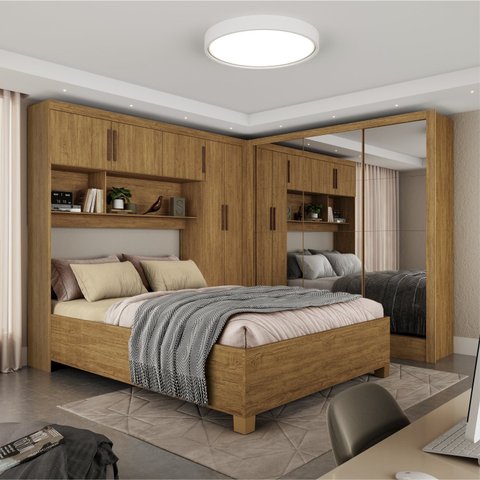 Guarda-Roupa Casal Modulado 5 Portas com Cama Santiago 3 Portas Premium 5 Gaveta com Espelho Marrom/